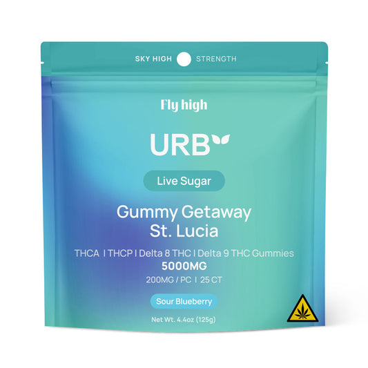 URB Fly High Gummy Getaway St. Lucia Delta 8 THC + THCA + THCP + D9 THC + Live Sugar Gummies 5000MG - Pack of 25